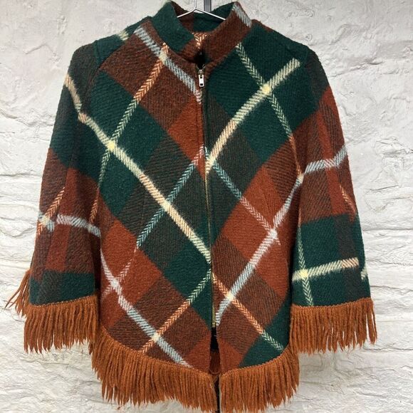 Vtg Panhandle Slim Poncho Wool Blend(?) Boho Western Plaid Full Zip Shawl Fringe - Picture 1 of 9